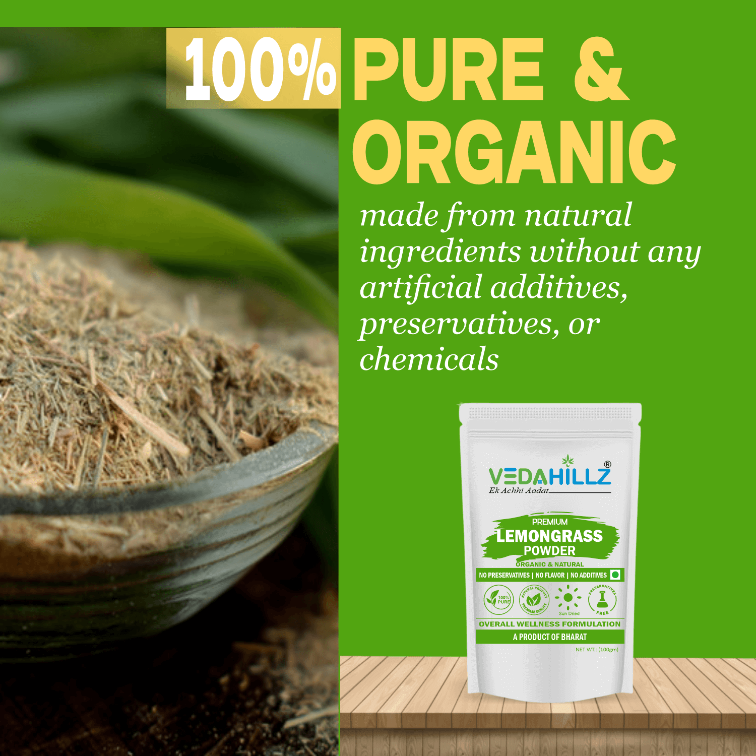 Vedahillz Lemongrass Powder for Tea and Wellness Made from Premium Lemongrass